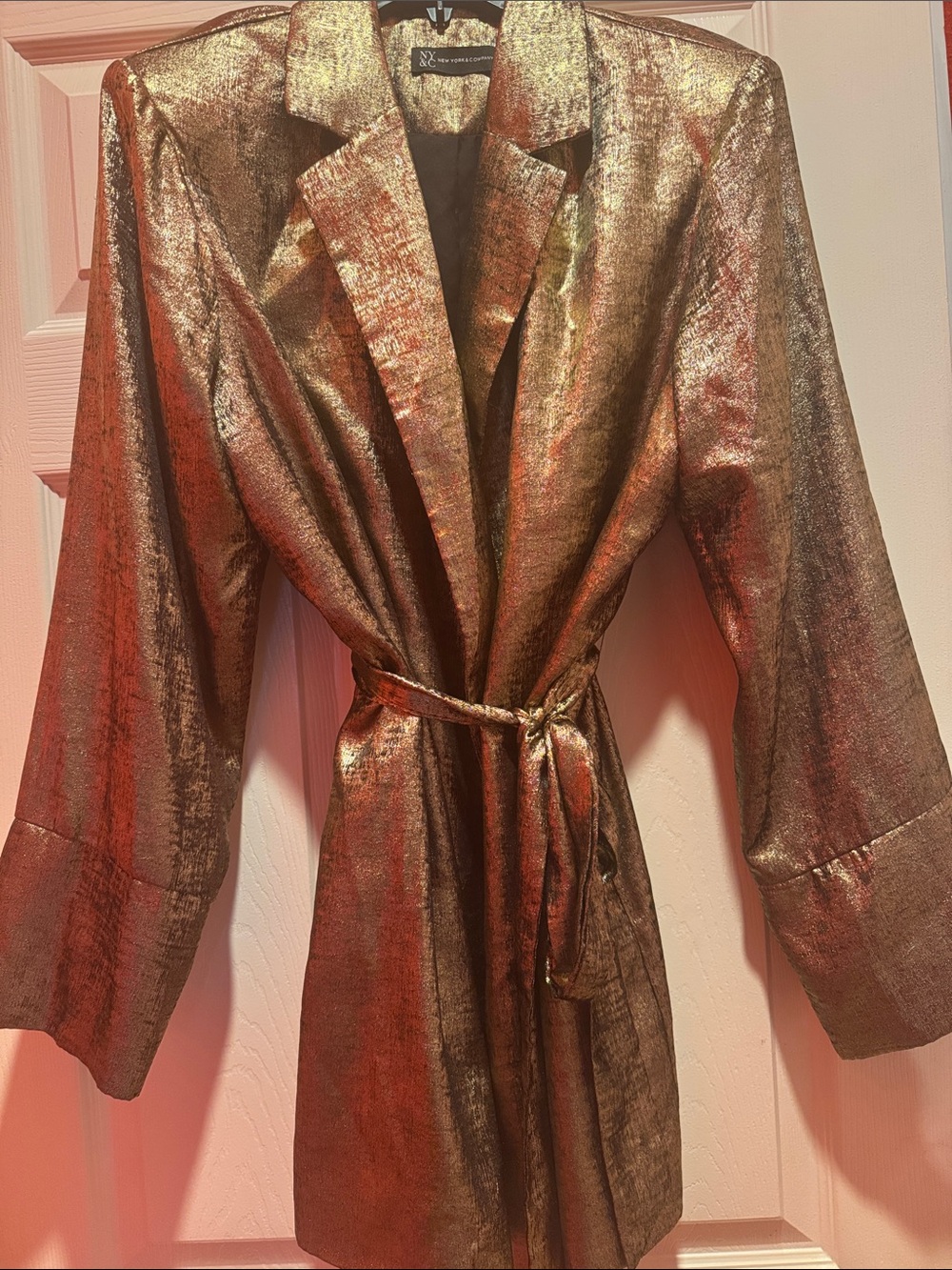 New York & Company Metallic Gold Satin Open belted Jacket and cargo pants